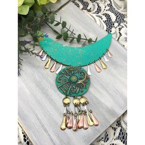 Vintage Tribal Look Necklace Turquoise Colored With Silver And Copper Toned Blad